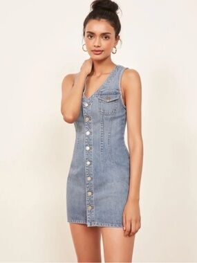 Reformation Light Blue Denim Button-Front Mini Dress